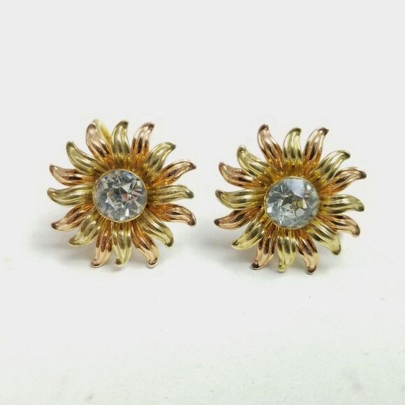Vintage Gold Filled Floral Sun Shaped Rhinestoen Center Clip On Earrings - Picture 7 of 7